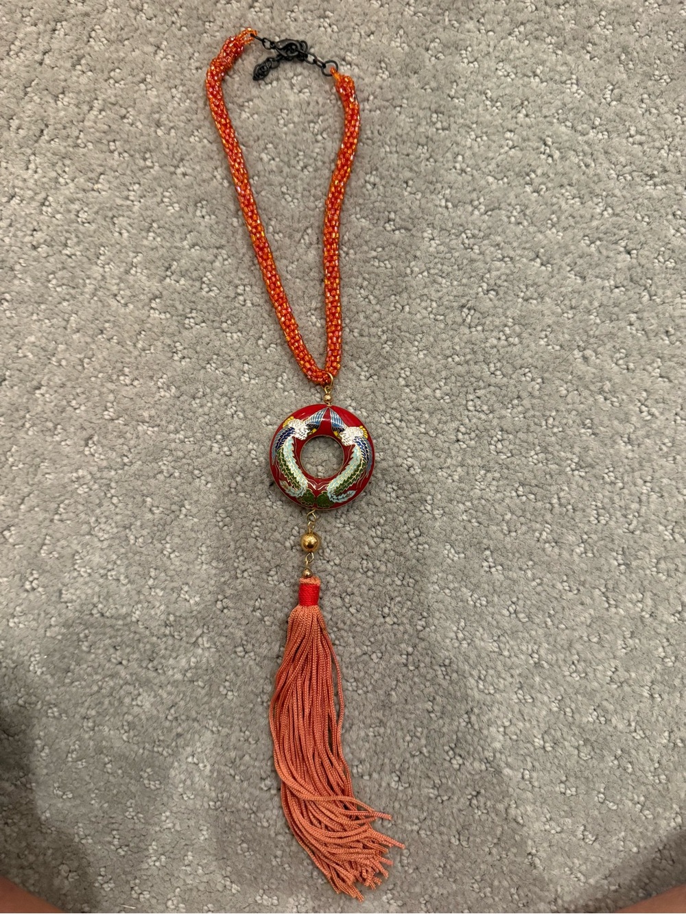 Vintage Style Dragon Phoenix Enamel Orange Beaded Tassel Statement Necklace - Picture 2 of 2